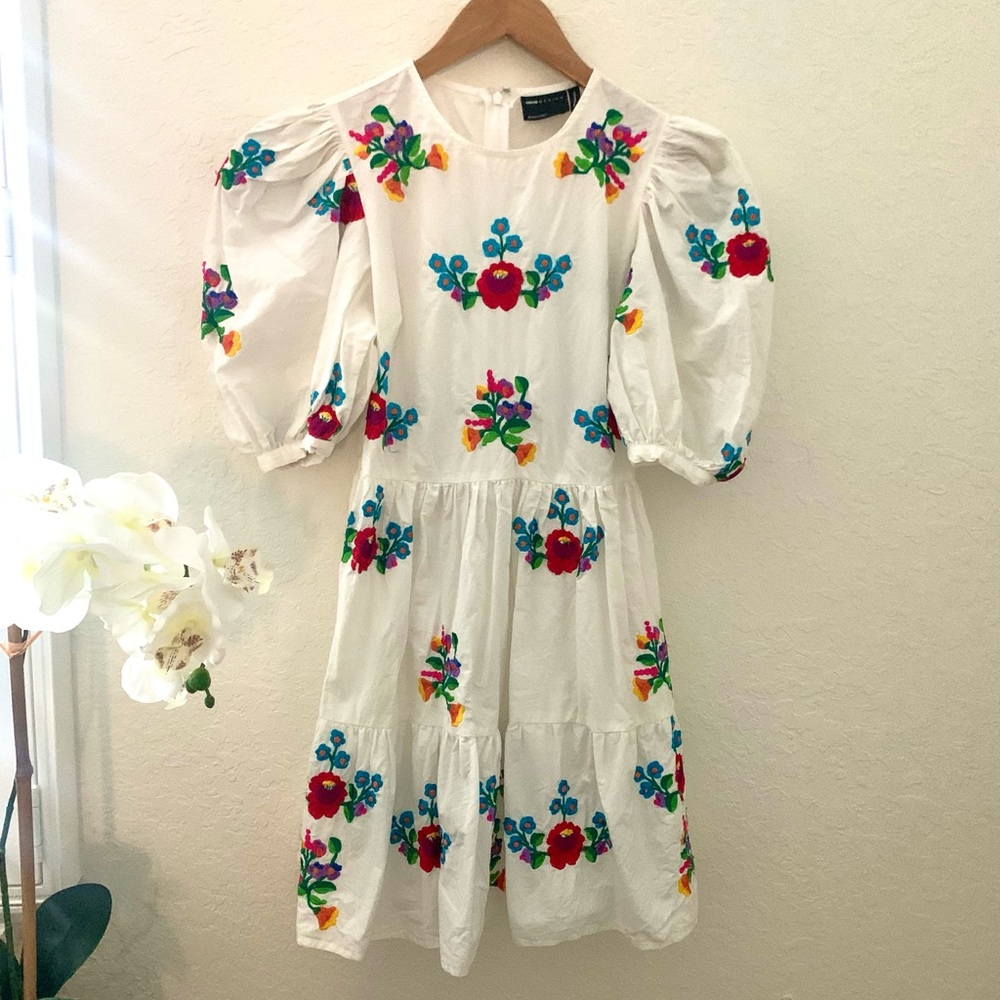 ASOS Embroidered White Embroidered Puff Sleeve Garden Party Floral Dress